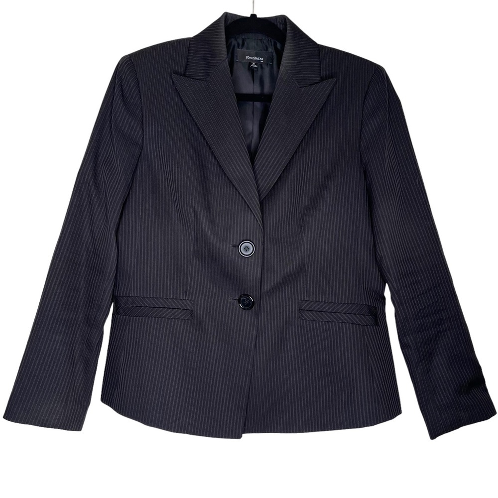 Jones Wear Pin Stripe Single Breasted Blazer, 12, Black White Workwear Career